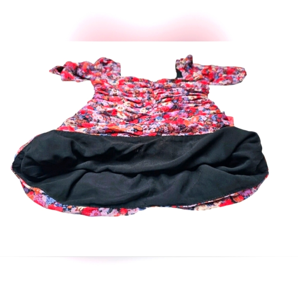 🆕️Zara Ruched Red Pink & Gold Ruched Puff Sleeve Mini Chiffon Draped Dress M - Picture 9 of 16